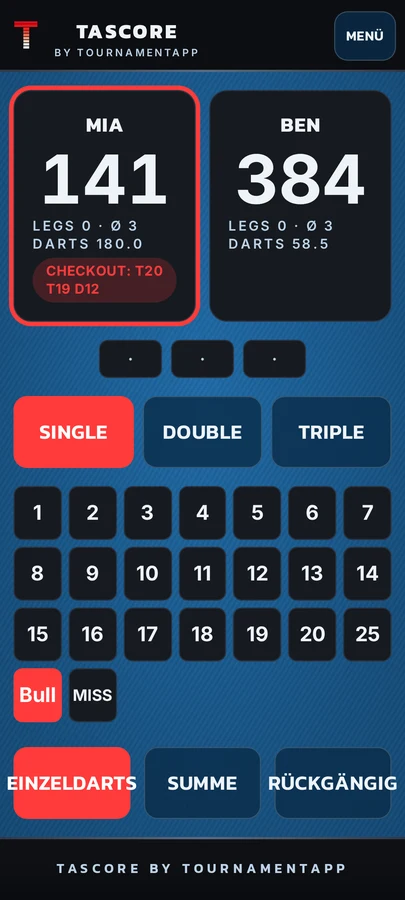 TaScore Darts-Scoreboard mit Checkout-Vorschlag